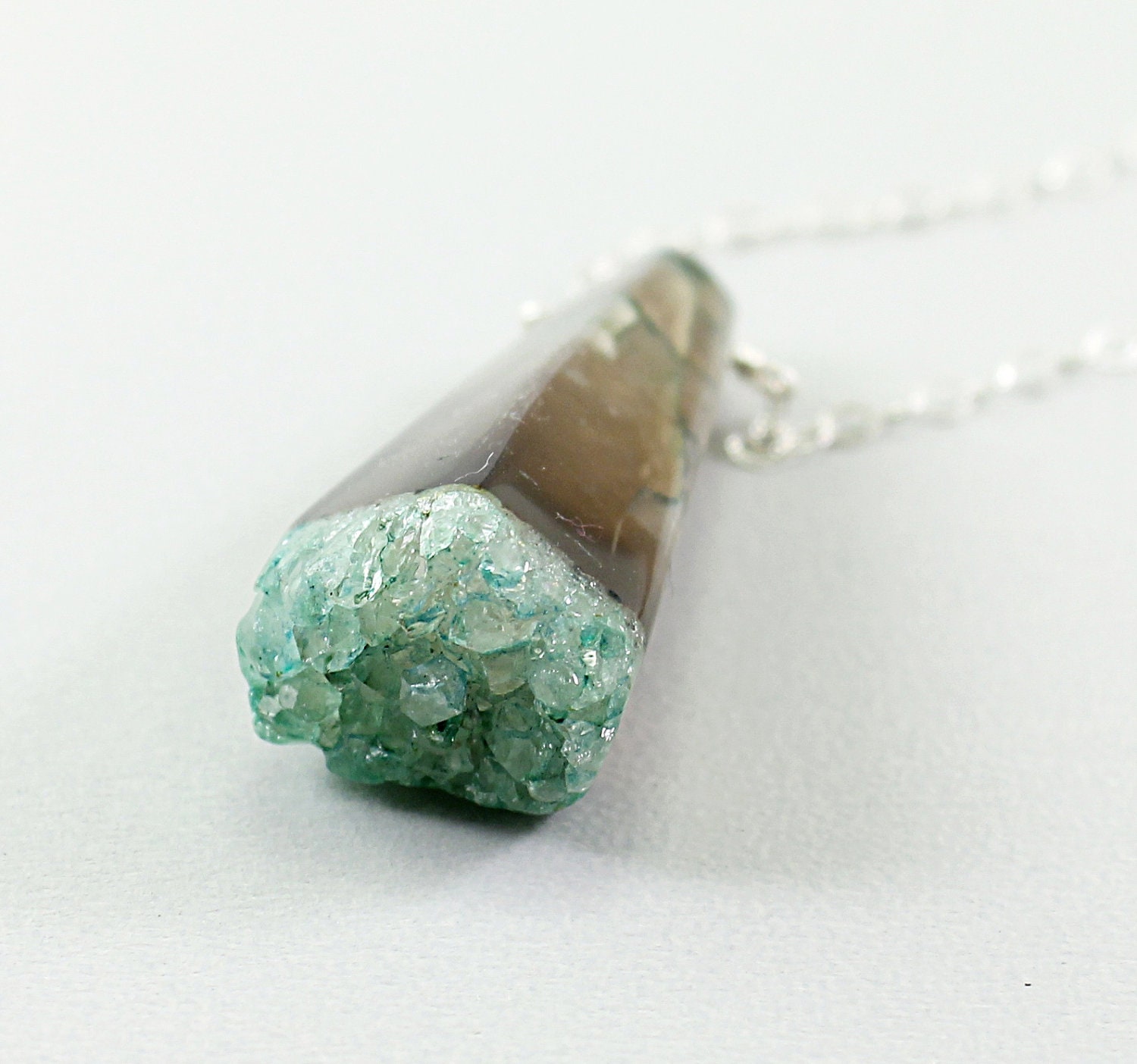 Agate druzy necklace: drusy stone jewelry, green agate necklace, sterling silver chain necklace, pendant necklace brown fashion