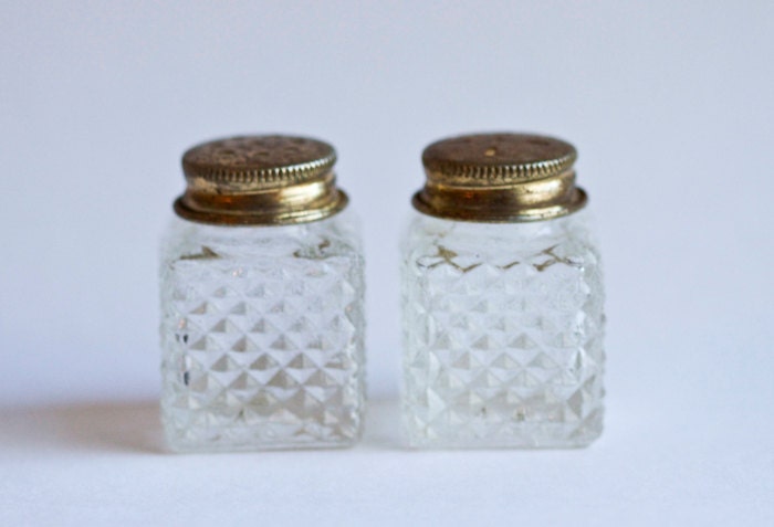 Antique Intricate Square Glass Bottles - Slat and Pepper Shaker