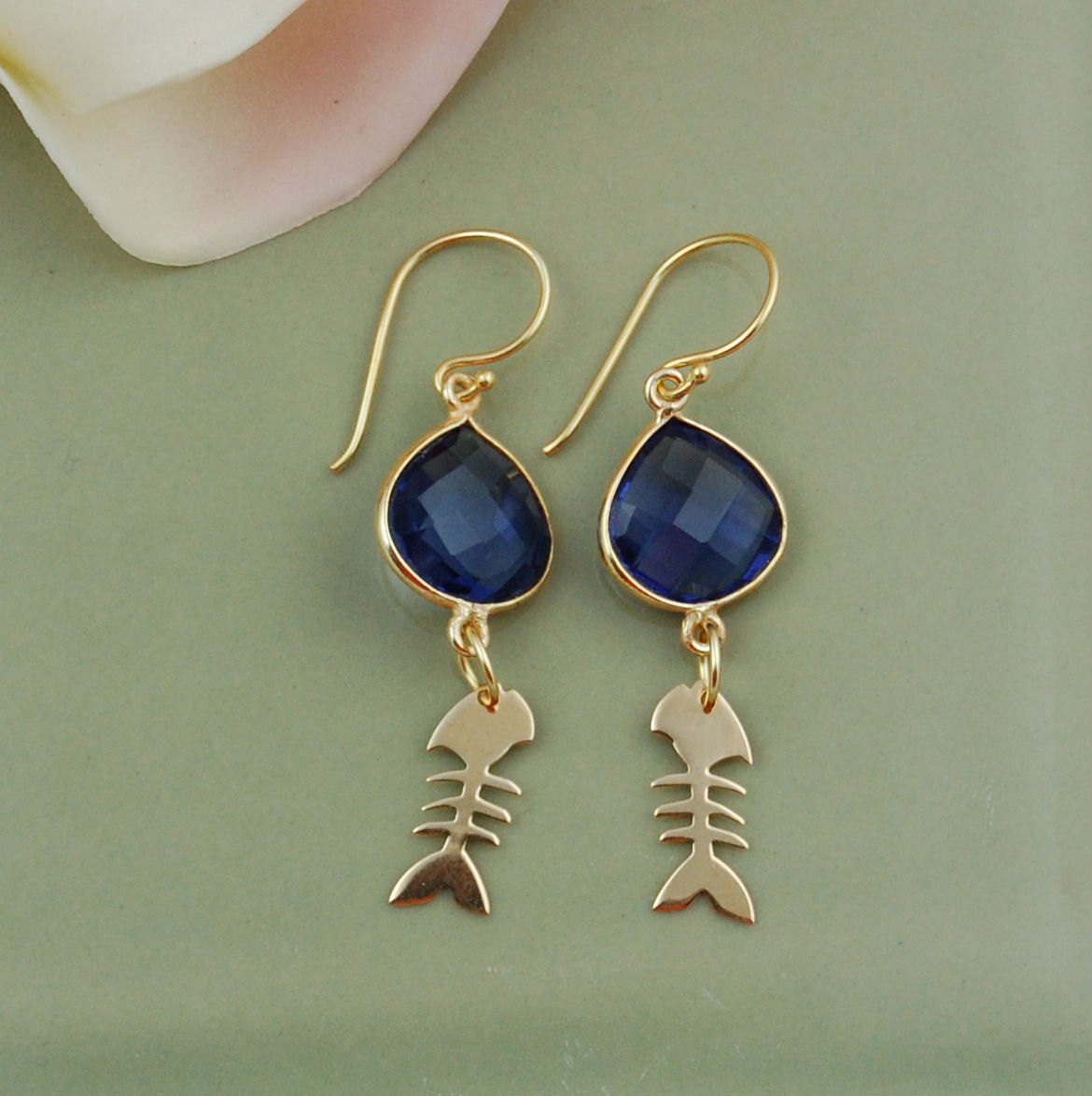 14k gold filled sapphire bezel set and bonefish earrings