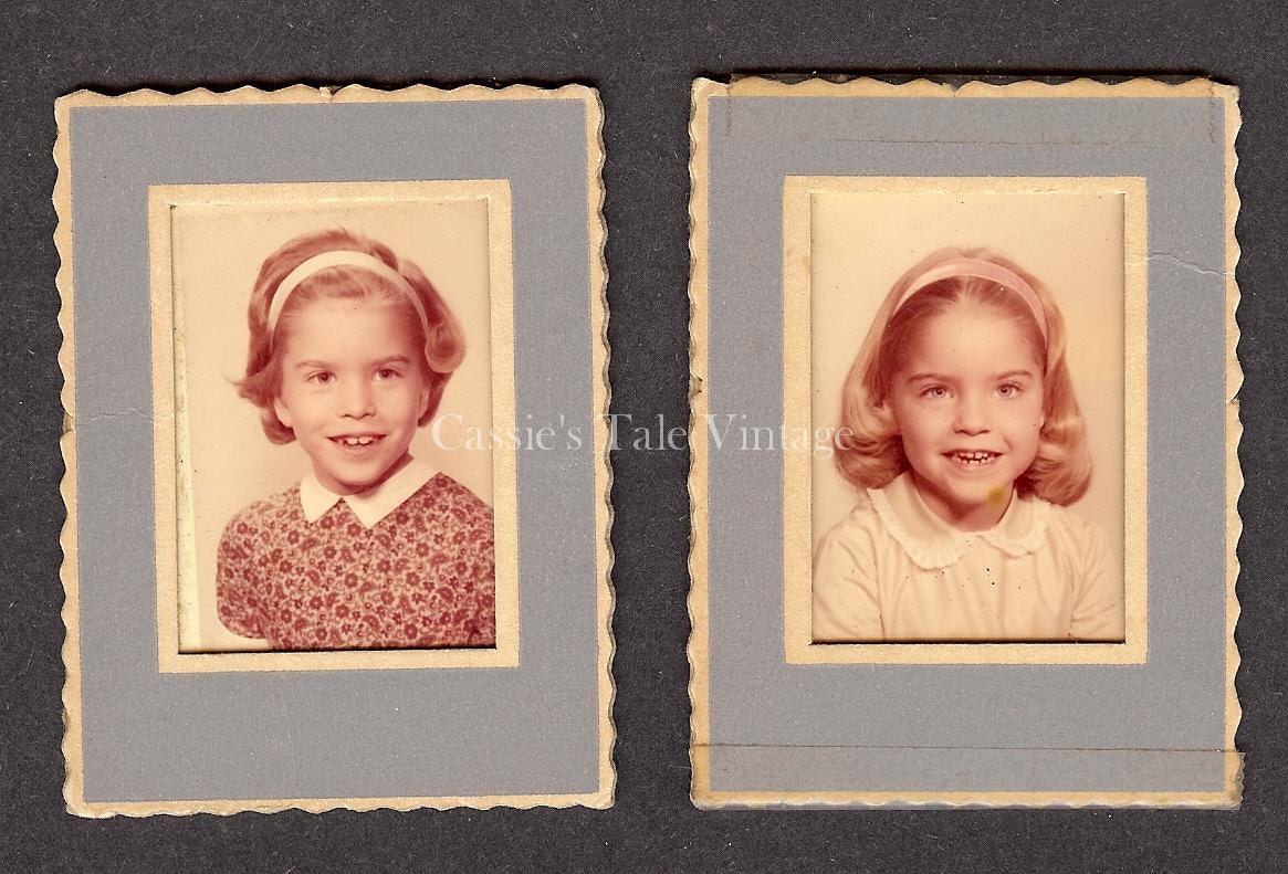 Set of 2 Vintage Photos - Little Girl School Photo from 2 Different Years, Elementary School - Headbands, Peter Pan Collar, c.1950s