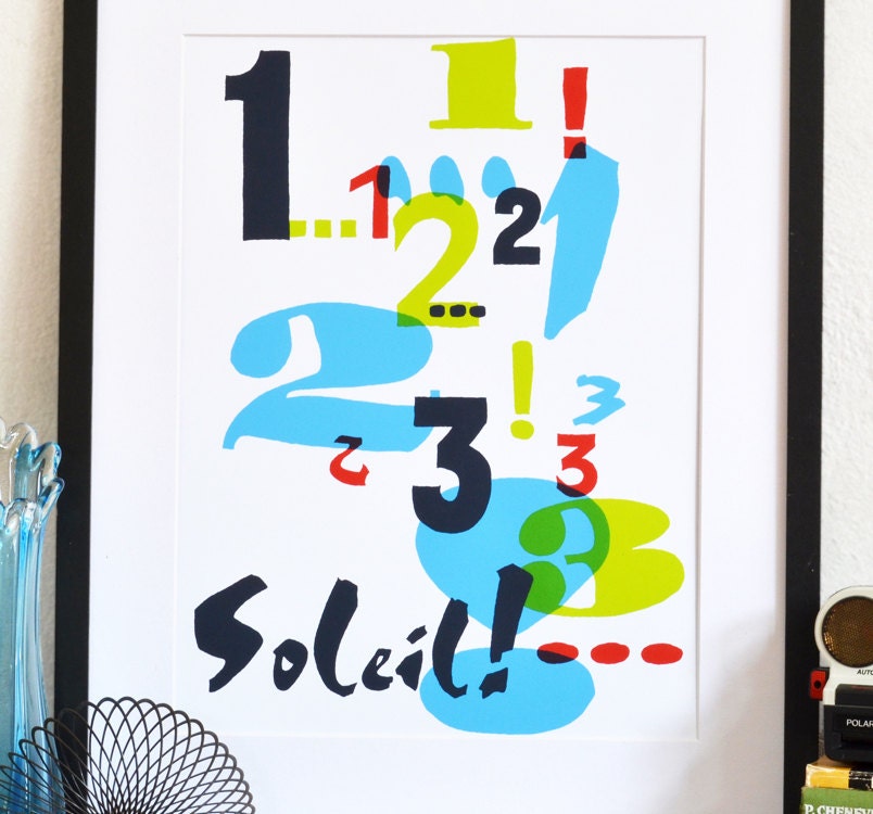 French print - Mid century modern typography poster "1 2 3 Soleil" retro children's art print