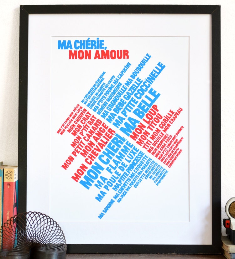 French is for lovers - Modern typography "Ma chérie, mon amour" Romantic love art collected terms of endearment poster