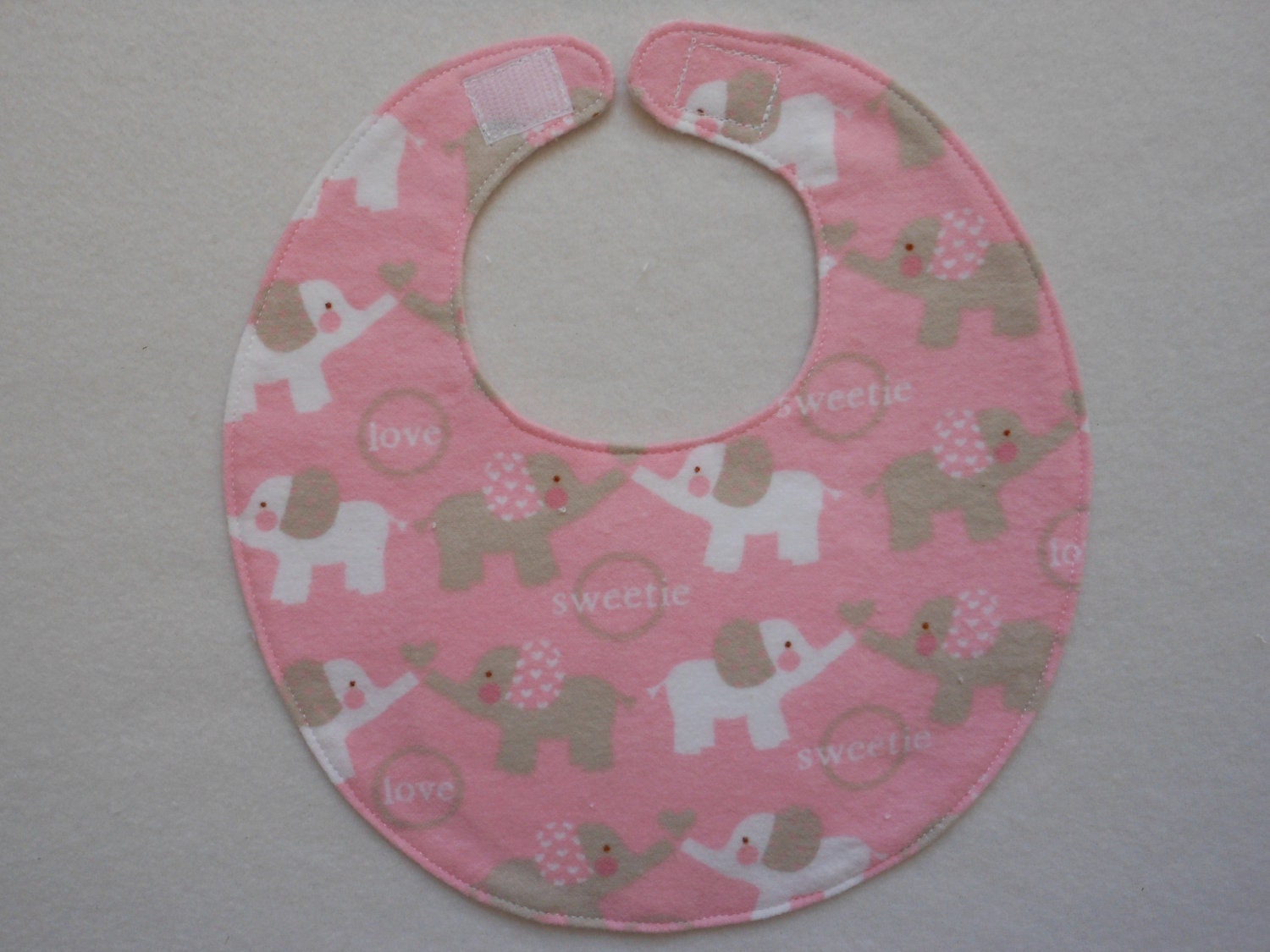 Baby Bibs, four soft layers, reversible, pink with gray and white elephants