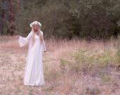Bohemian Wedding Dresses Ivory Crochet Satin Hippie Bride Festival Gown Cream White - "Edie"