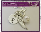 MY ANGEL - Hand Stamped Initial Necklace with Sterling Silver Wing Charm