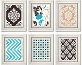 Set of Six Modern/Vintage Turquoise/Beige Wall Art - 8x11 Print Set - Home Decor - For Home (Unframed)