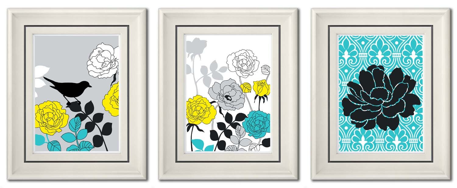 Set of Three Modern Turquoise/Yellow Wall Art - 8x11 Print Set - Home Decor (Unframed)