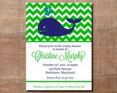 Printable Whale Baby Shower Invitations Chevron Design (birthday party, birth announcement)