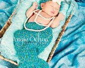 Newborn Baby Girl Crocheted MERMAID TAIL Photo Prop w/Matching Shell Bikini and STAR Headband  -- Portrait Shimmery Blue Green