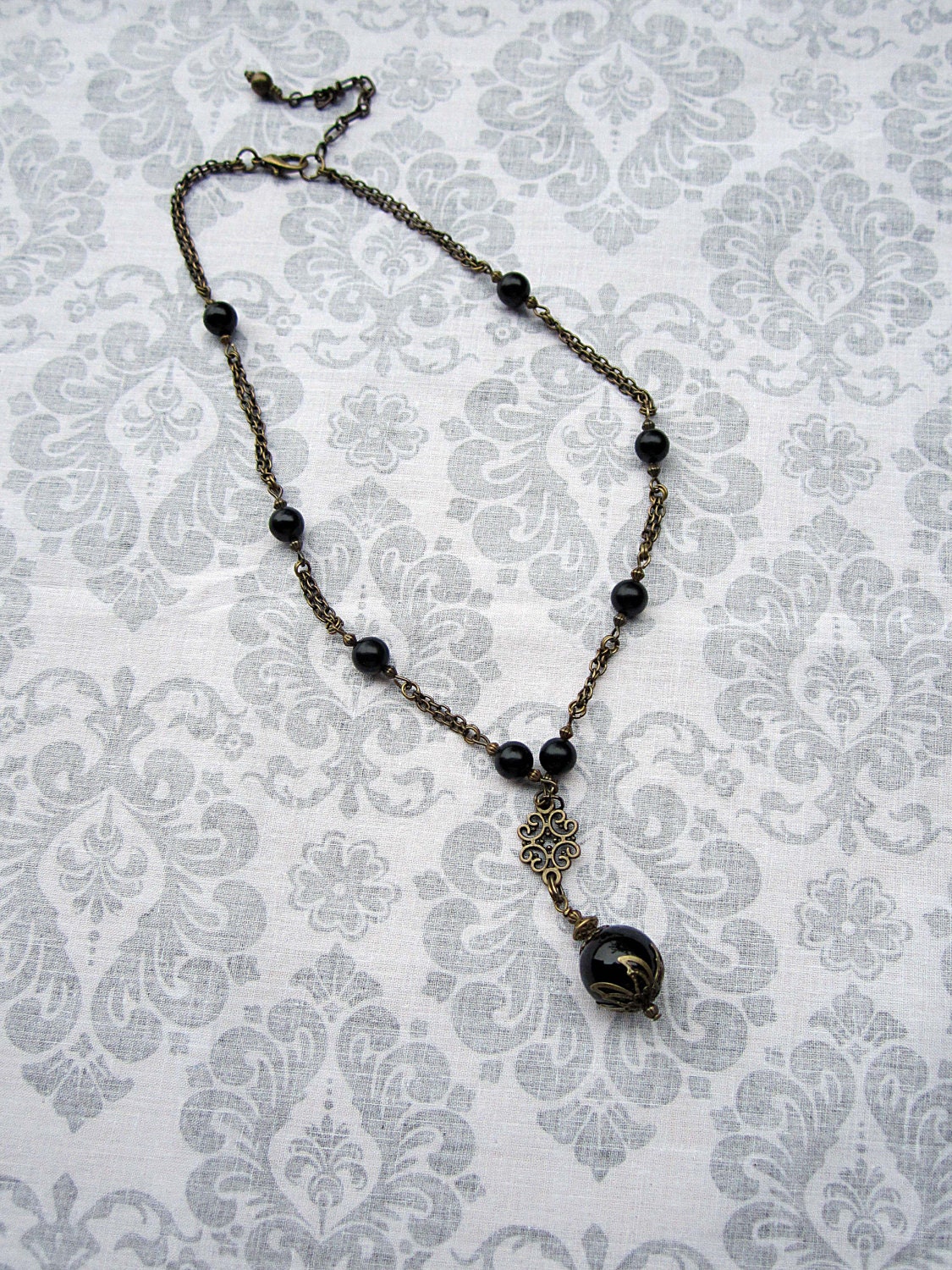 Vintage Styled Black Onyx and Jasper in Antiqued Brass