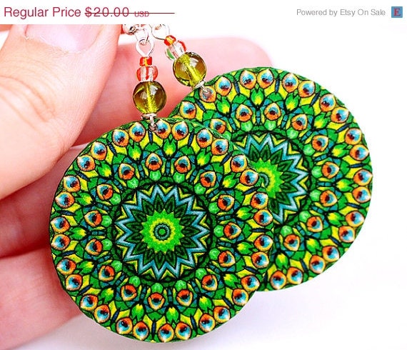 SALE Peacock Green  Round decoupage earrings ,  gift for her under 25 - MADEbyMADA