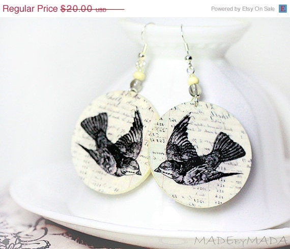 SALE Vintage Sparrow Earrings French style Earrings birds rustic Jewelry, diameter 4cm (1,57 inch) , gift for her under 25 - MADEbyMADA