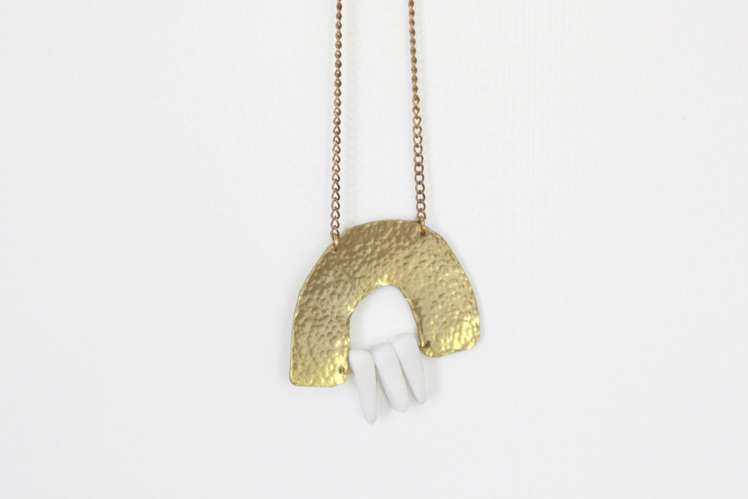 Arc Hammered Brass and White Sea Glass Dagger Necklace
