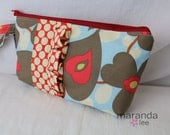 Zippered Clutch Wristlet Wallet  Morning Glory and Cherry Dots Ruffled - fits Wallet Makeup Diapers Wipes