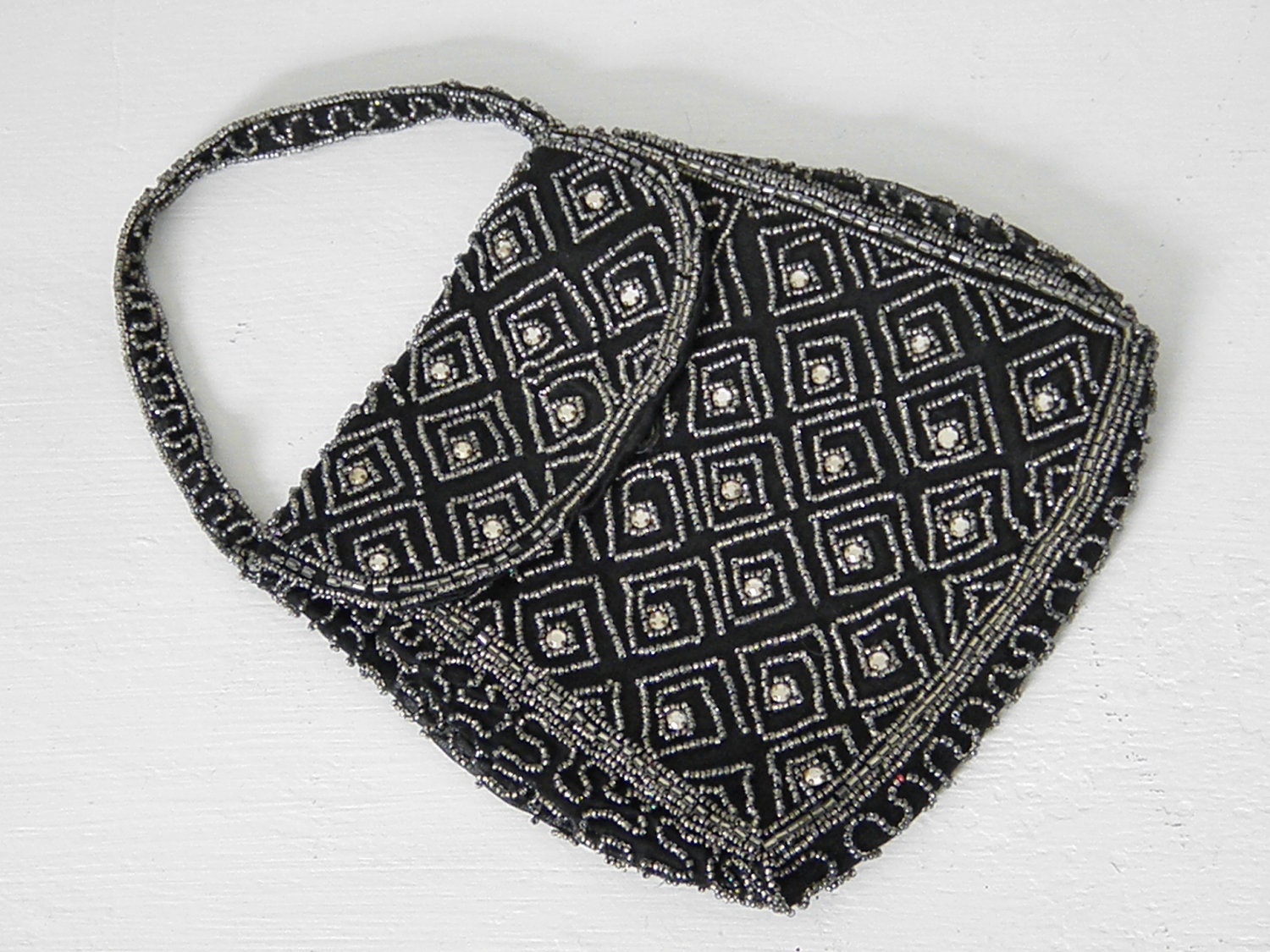 Vintage Art Deco Black Rhinestone Glass Bead Purse, 20s