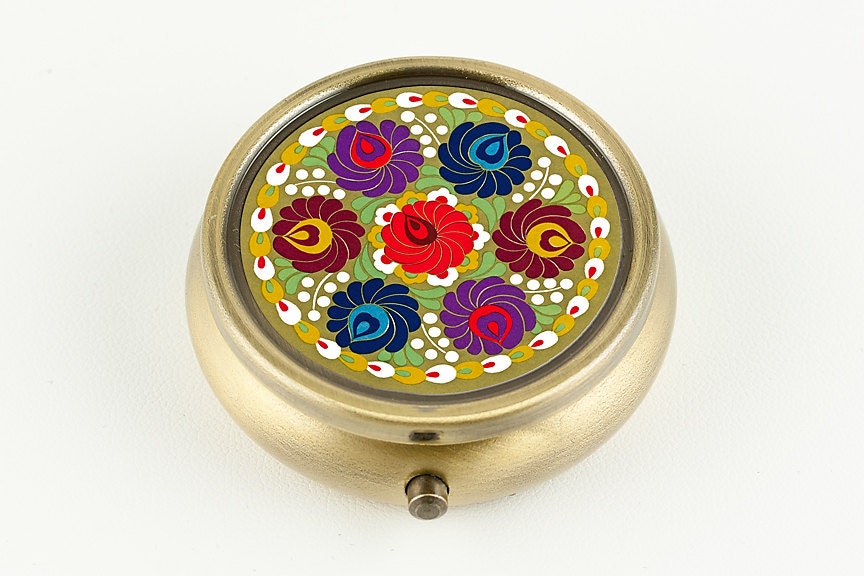 Handmade Pill Box Pill Case Ring Box - Deco Floral Bouquet, Bronze Tone
