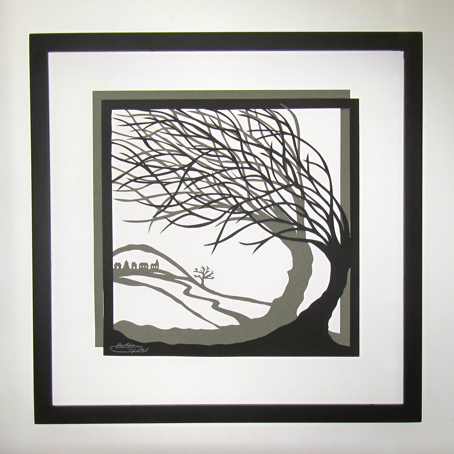 Trees Of Life Wall Art Home Décor Silhouette Paper Cutouts w/ Two Layers of Black and Grey Original Handmade Design Framed Signed OOAK