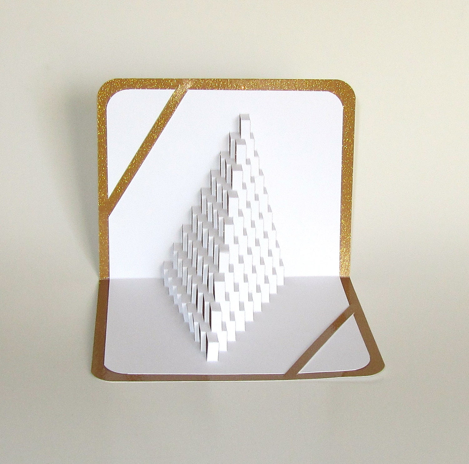 3D Pop Up STAIRS 2 LOVE Home Decor Origamic Architecture of Asymmetric Geometric Pyramid with Intricate Cuts in White and Shimmery Gold OoAK