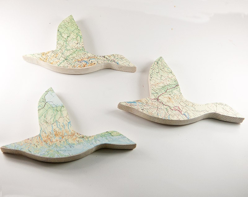 Set Of Three Wall Mounted Wooden Geese. Upcycled Map Atlas Pages.