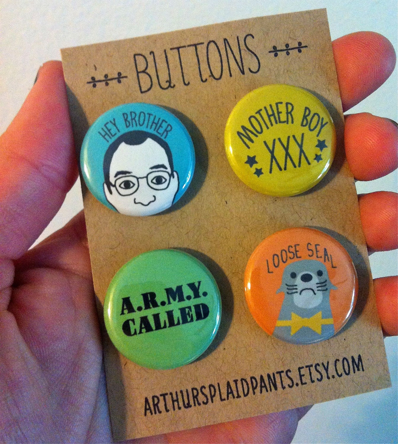 Arrested development, arrested develoment pins, buster bluth pinback button set, loose seal, mother boy, handmade 1" buttons