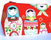 Red Makeup Bag in Matryoshka Russian Doll Cotton - Cosmetic Bag, Gift for Her, Small Gift, Babushka, World Travel Accessory