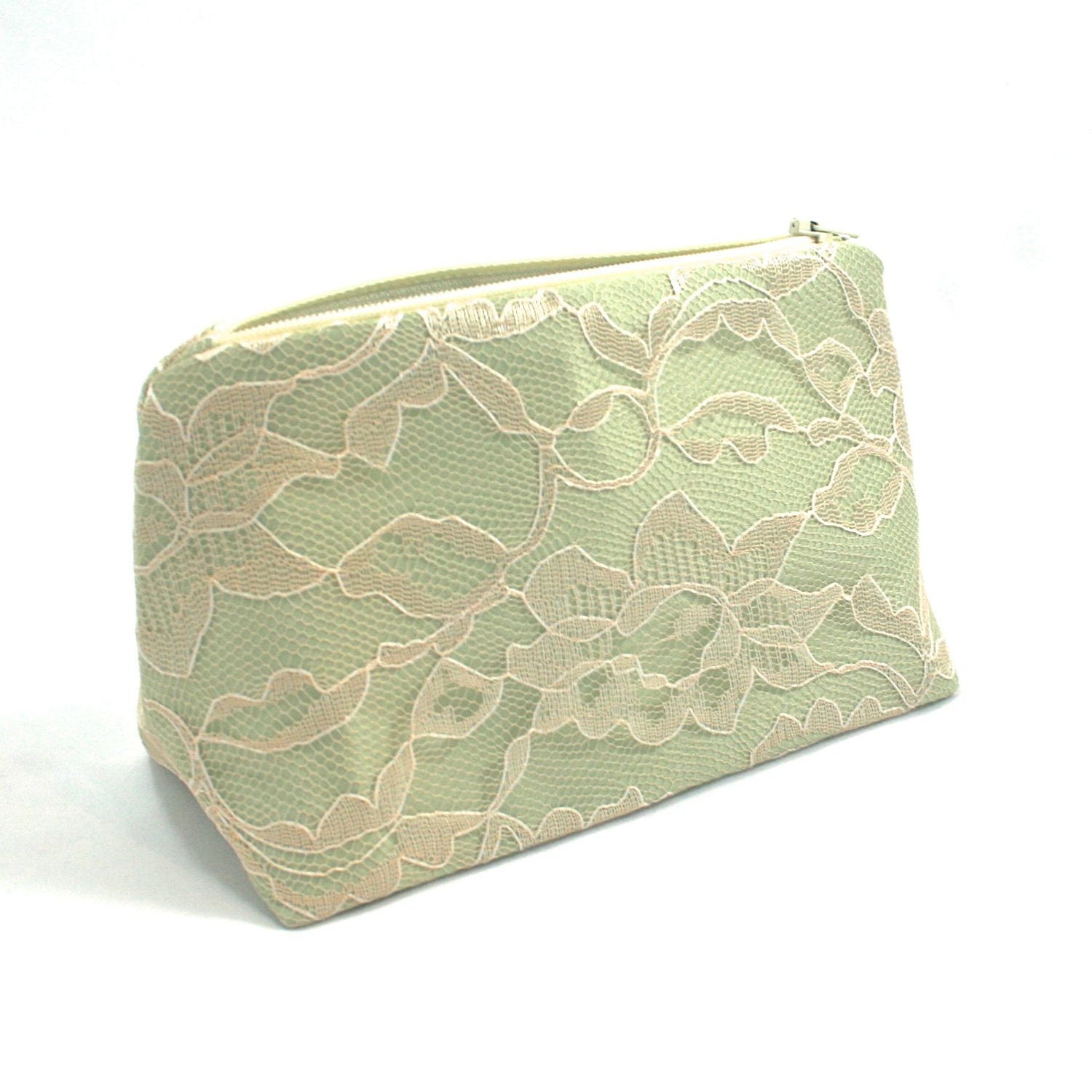 Bridesmaid Gift Cosmetic Bag in Sage / Bamboo Green & Vintage Cream Lace - Wedding Favor, Bridal Accessory, Custom Bridesmaid Gift