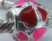 Red & Pink Heart Enamel Charm Bead 925 Sterling Silver to fit Pandora Style European Charm Bracelet or Big Hole Jewelry