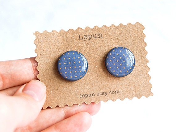 Blue post earrings, polka dot studs earrings, button earrings