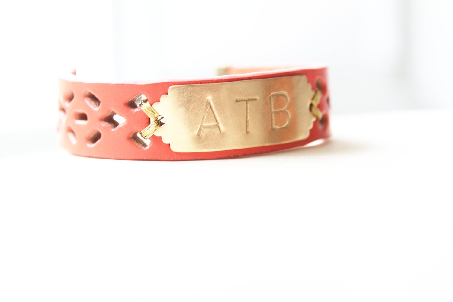 Monogram Coral Leather Bracelet, Initial Bracelet, Personalized Bracelet, Name Bracelet, Custom Name Bracelet