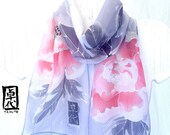Hand Painted Silk Scarf, Floral Scarf, Dreamy Peonies. Gray Silk Scarf Japanese. Silk Chiffon Scarf. Silk Dye. 7x50 in. Made to order. - SilkScarvesTakuyo