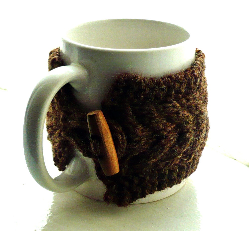 Cup Cozy with Mug Chocolate Brown Mug Cosy Coffee Cozy Sleeve Tea Cup Cover Wood Wooden Toggle Button Kitchen Farm Country