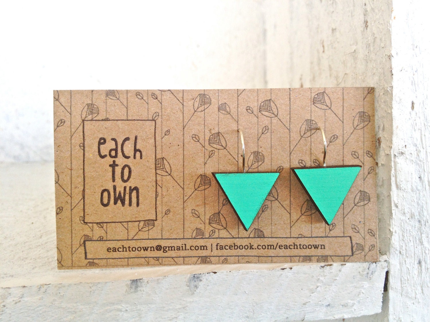 Hand Painted Triangle Wooden Hook Earrings in Mint Turquoise