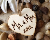 Sweet Rustic Christmas Ornament or Gift Tag for the Newlyweds Mr. & Mrs. 2012 Engraved on a Small Heart Holiday Gift or Bridal Shower Gift