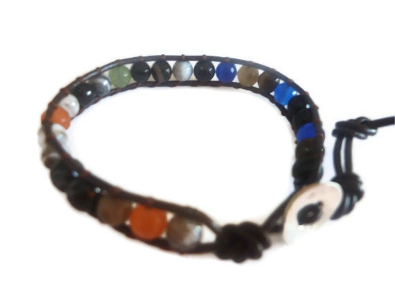 Chan luu inspired beaded leather wrap bracelet .Leather Wrap Bracelet. Multi Color Semi Precious Gemstone on Black Leather Cord.Unisex.