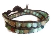 Chan luu inspired beaded leather wrap bracelet .Wrap Bracelet with Semi Precious Stones on Brown Leather