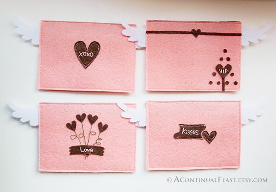 Felt pink & brown love letter envelope with white wings,set of 4