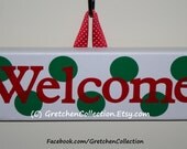 FREE SHIP:  Personalized Name Sign, Christmas Welcome, Polka Dot Green, Red, White, Teacher Appreciation, Door Hanger, Baby Nursery Gift