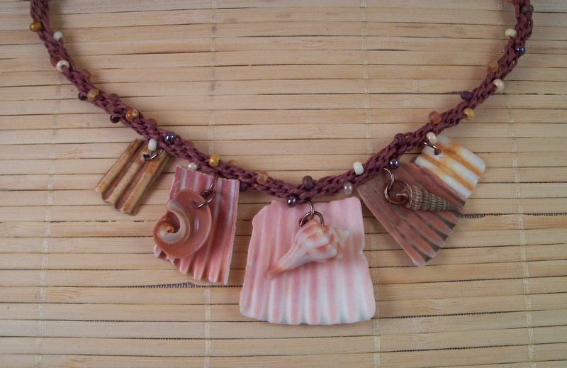 Kumihimo Hemp Necklace, Sea Shells and Beads, 19 inch