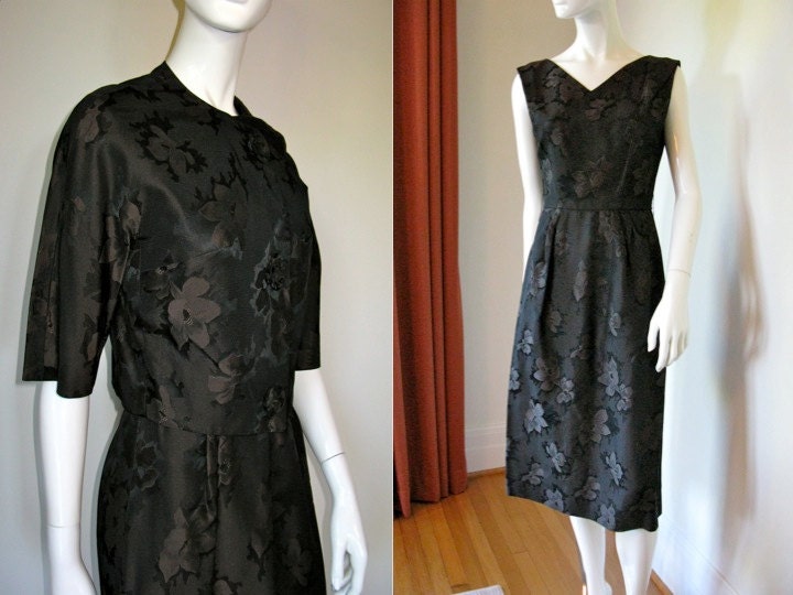 Vintage 1950s 1960s Leslie Fay Floral Brocade Dress Set with Fabric Rosettes Down the Front of Jacket Very Mad Men