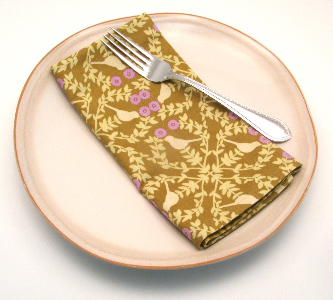 Olive Reversible Cloth Napkins, Lilac and Green, Birds and Flowers, 18 Inch, Set of Four