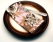 Pink Floral Cloth Napkins, Brown Flowers, 18 Inch, Set of Four