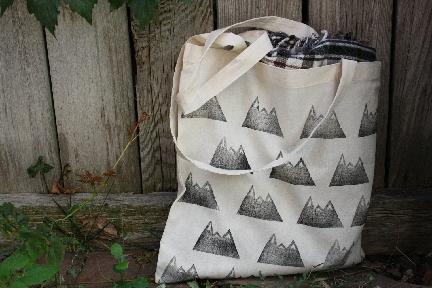 SALE Mountain Tote Bag Block Print in Black ink on natural canvas