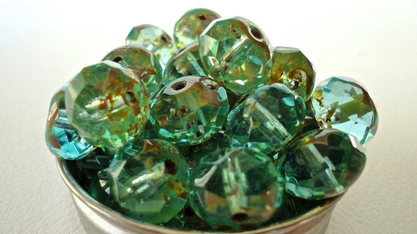 Czech Rondells Picasso Aqua Glass Beads 10 Pieces