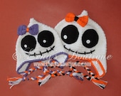 Cute Spooky Crocheted Halloween Ear flap Hat - Girly Ghost / Skeleton Hat with Bow for Girls - All sizes - Made To Order