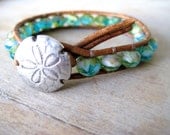 Boho beach chic, single leather wrap bracelet, aqua, peridot, tropical shore, sand dollar, boho beachy chic glam