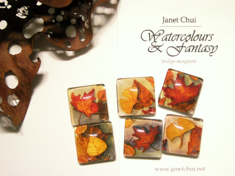 Autumn Leaves Glass Handmade Fridge Magnets Set of 6