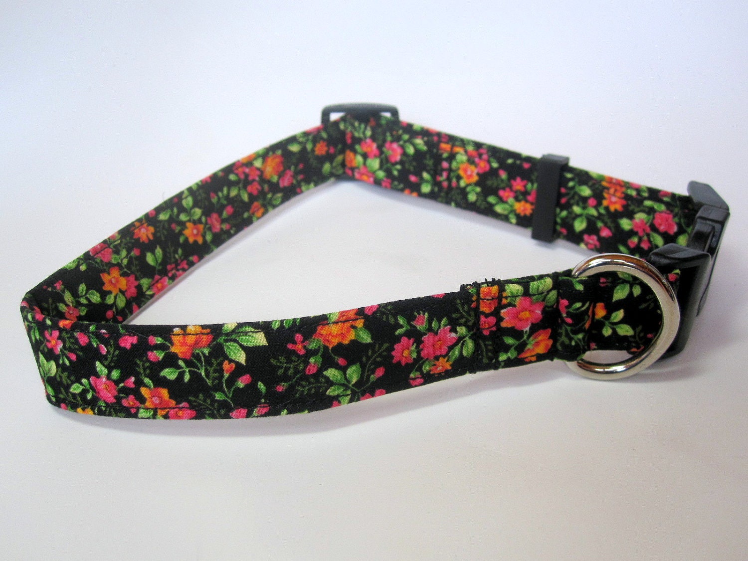 Vibrant Floral on Black Dog Collar size Large
