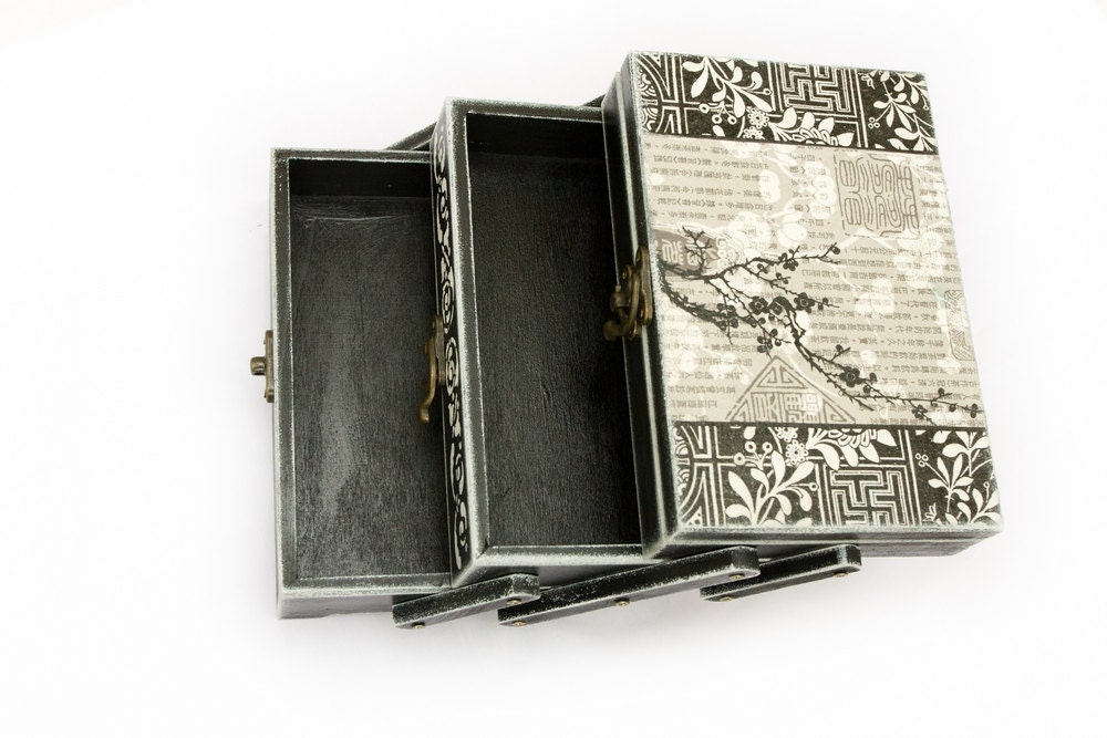 RESERVED for thedemonswithin - OOAK Jewelry Box, Multifunctional Sakura Cherry Tree, Vintage style Black and White Box, oht, tbteam