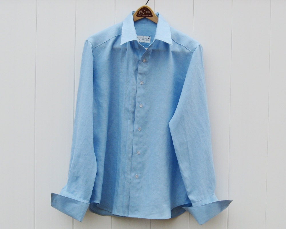 Cool Blue Linen Mens Shirt with French Cuffs Custom and Handmade for You