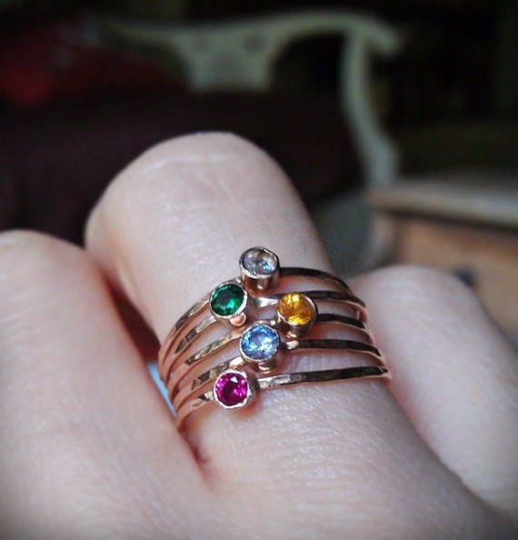 Set of 5 birthstone stacking rings with 14k gold set faceted gemstones